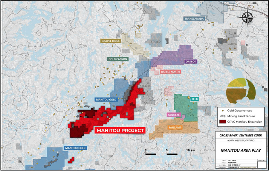 Additions (dark red) to the Manitou Gold Project, NW Ontario, Canada