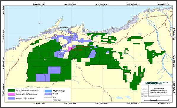 Map showing Novo€™s 100% controlled mineral holdings, Novo-Artemis farm-in/joint venture holdings and Comet Well consolidated holdings in the Karratha region.