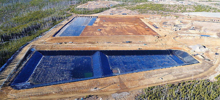 Liners in water management ponds and tailings waste storage facility